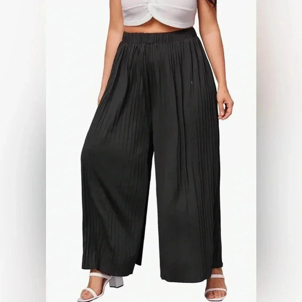 Women's One Size Pleated Elastic Waist Wide Leg Casual Long Pants - Picture 1 of 6